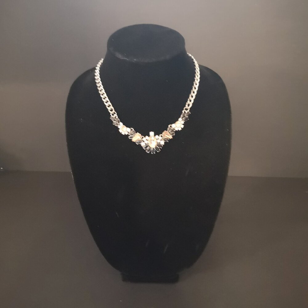 Vintage American Eagle Silver Tone Chain Black Peach & Clear Statement Necklace